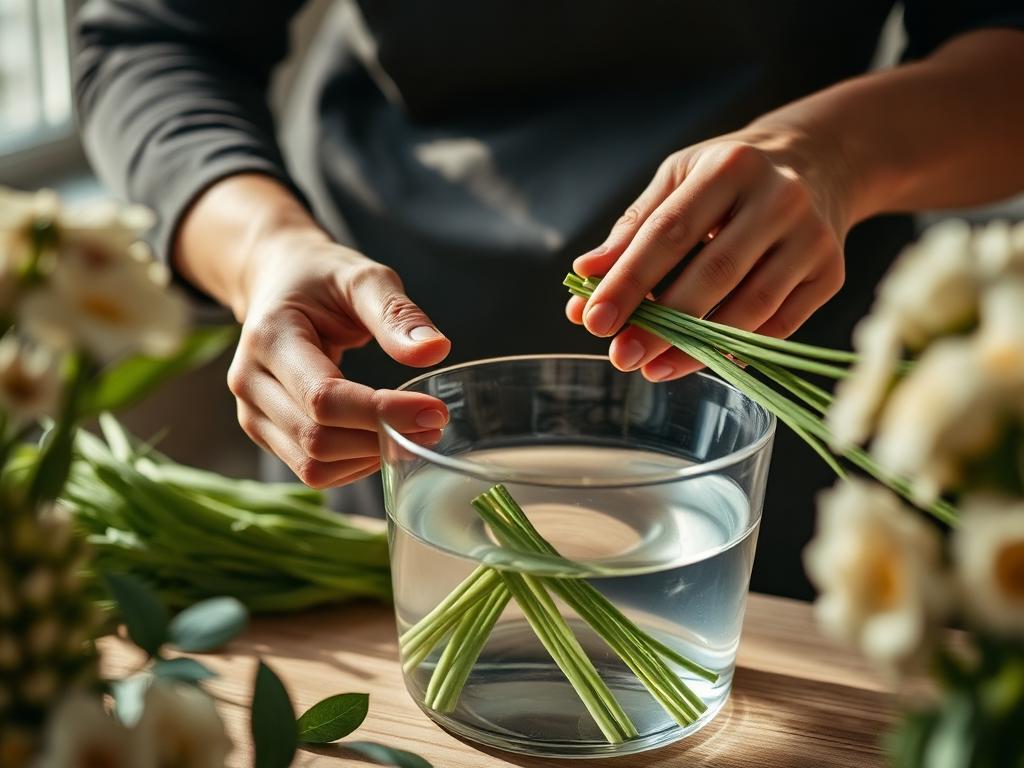 Florist conditioning flower stems in water for optimal hydration