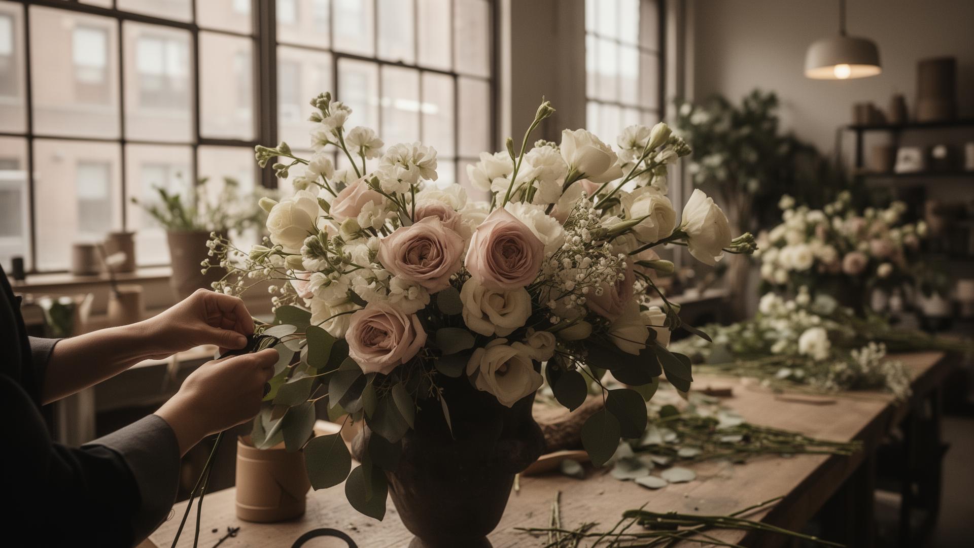 Florist crafting an elegant arrangement in a New York City studio