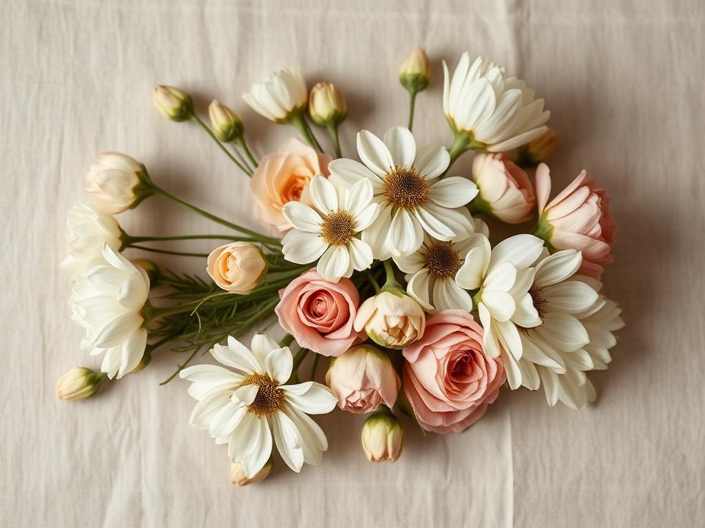 Seasonal flowers arranged on neutral linen with soft natural light