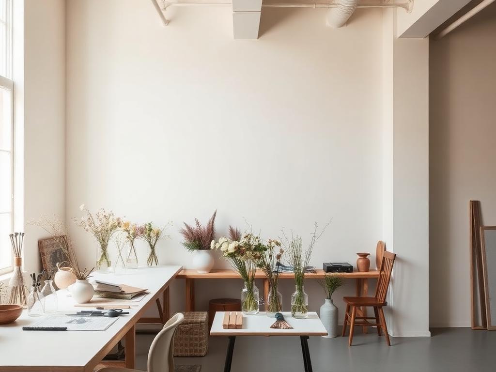 Minimalist NYC florist studio with natural light and fresh flowers